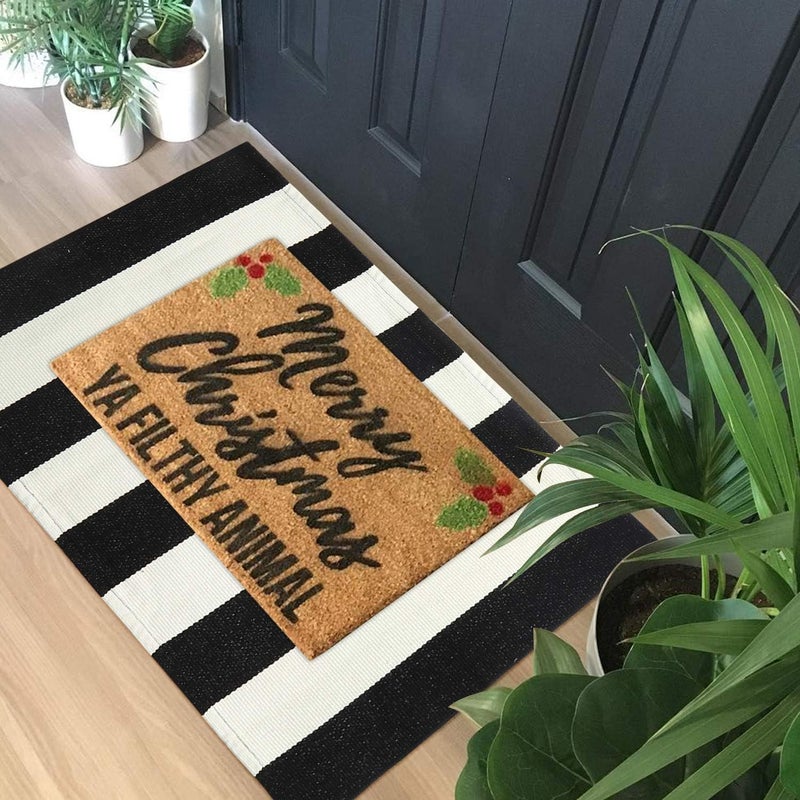 LEEVAN Black and White Rug 2X3, Washable Black Door Mat Cotton Woven Front Porch Rugs, Layered Door Mats Outdoor Welcome Indoor Door Mats, Farmhouse Go Away Doormat Door Mat Indoor Entrance Rug - Image 3